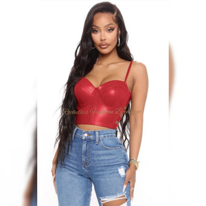 RED LEATHER SIDE CUT OUT CROP TANK TOP
