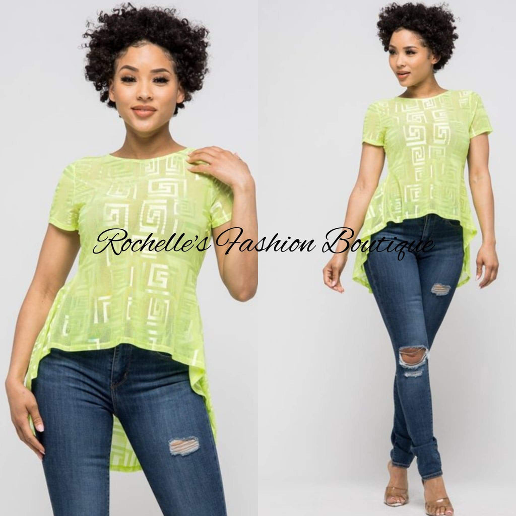 NEON HIGH LOW PRINTED SHEER TOP